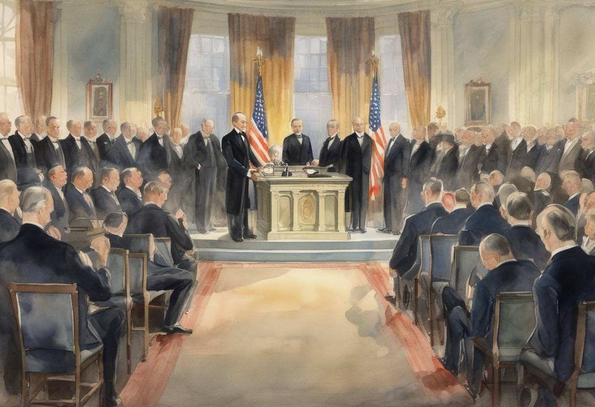 Watercolor painting based depiction of Calvin Coolidge was sworn in as the 30th President of the United States following the sudden death of President Warren G. Harding. Coolidge's presidency was marked by a period of economic prosperity known as the 'Roaring Twenties.' (1923)