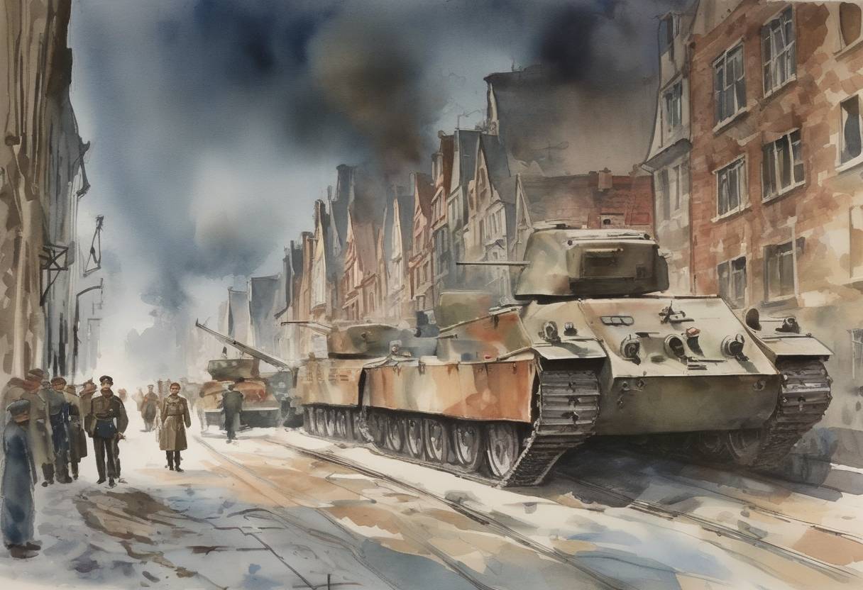 Watercolor painting based depiction of Germany invades Belgium, the Netherlands, and Luxembourg during World War II. (1940)