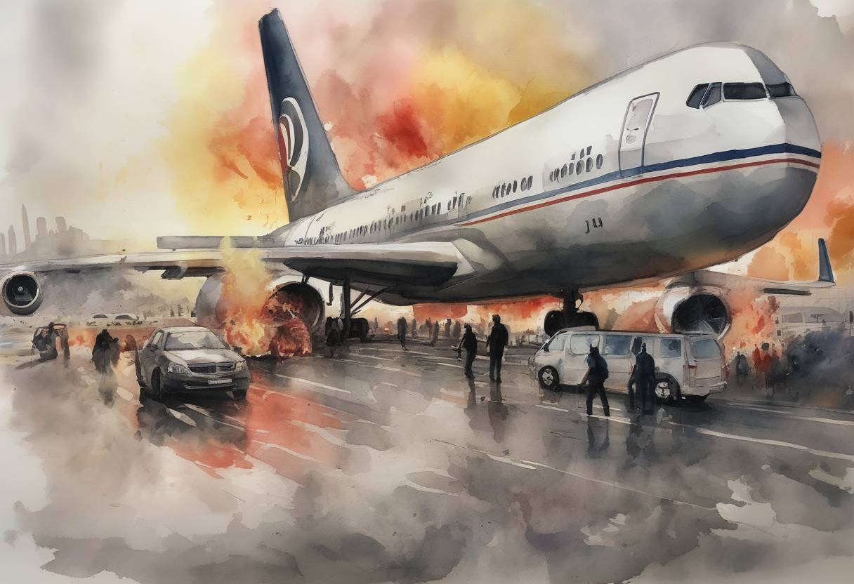 Watercolor painting based depiction of A terrorist attack occurred at Istanbul Atatürk Airport, resulting in 45 deaths and over 230 injuries. The attack was attributed to the Islamic State of Iraq and the Levant (ISIL). (2016)
