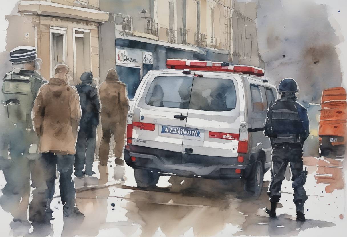 Watercolor painting based depiction of The Charlie Hebdo shooting suspects are killed by police in Dammartin-en-Goële, France, ending a three-day manhunt following the attack on the satirical magazine's office. (2015)