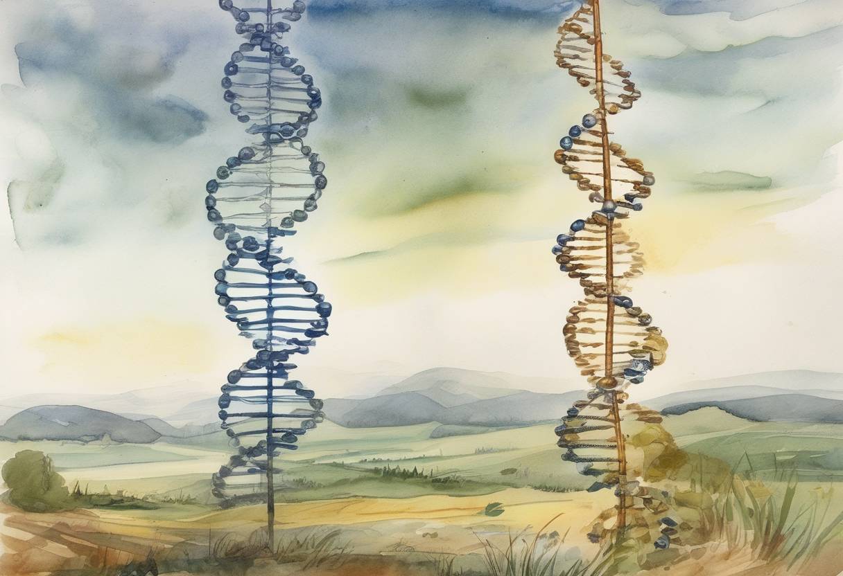 Watercolor painting based depiction of Francis Crick and James Watson published their paper on the structure of DNA in the journal Nature, marking a significant milestone in the field of genetics. (1953)