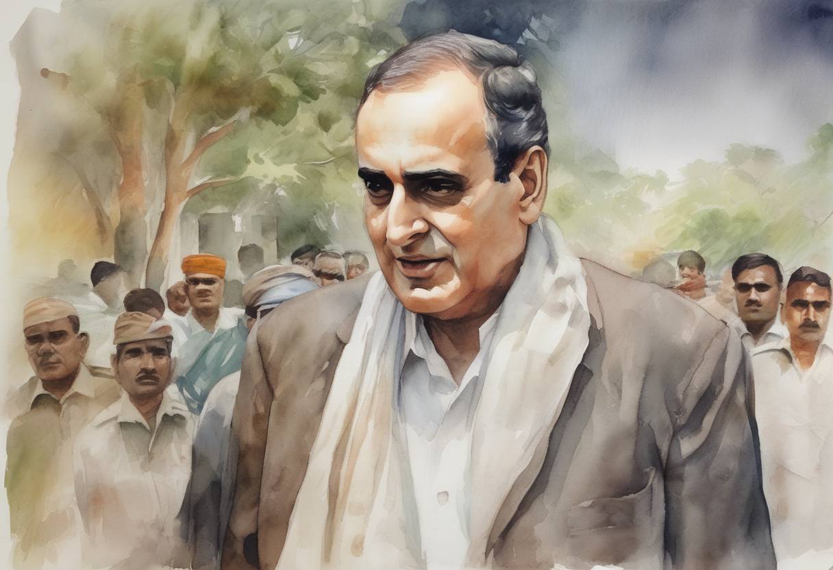 Watercolor painting based depiction of Former Indian Prime Minister Rajiv Gandhi was assassinated by a suicide bomber in Tamil Nadu, India, during an election campaign. (1991)