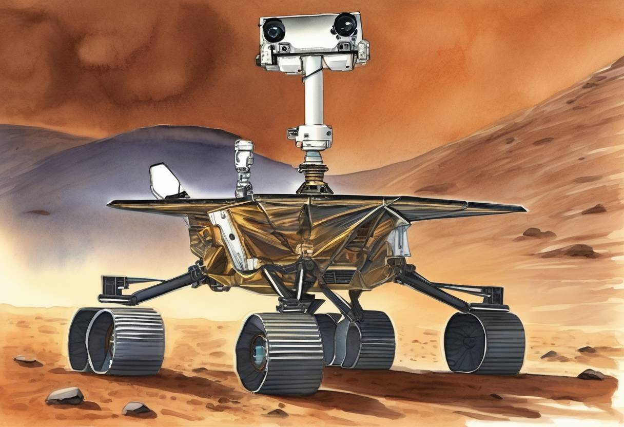 Watercolor painting based depiction of NASA's Mars Exploration Rover Spirit successfully lands on Mars, beginning its mission to explore the Martian surface. (2004)