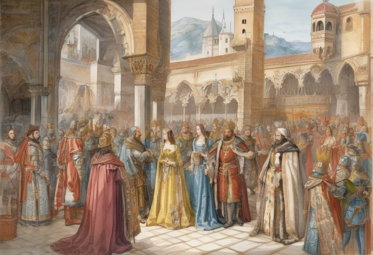 Watercolor painting based depiction of The Catholic Monarchs Ferdinand II of Aragon and Isabella I of Castile captured Granada from the Nasrid dynasty, marking the end of the Reconquista. (1492)