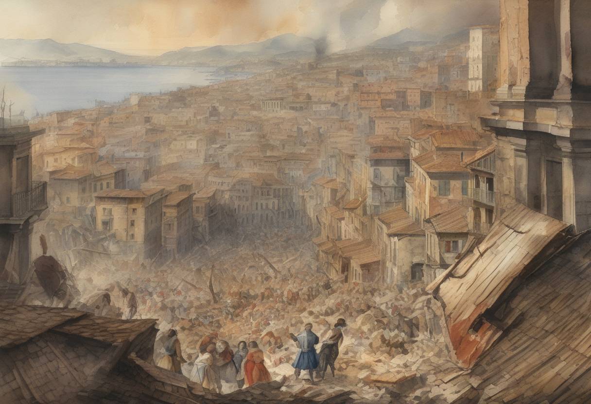 Watercolor painting based depiction of An earthquake in Naples, Italy, kills about 10,000 people. (1629)