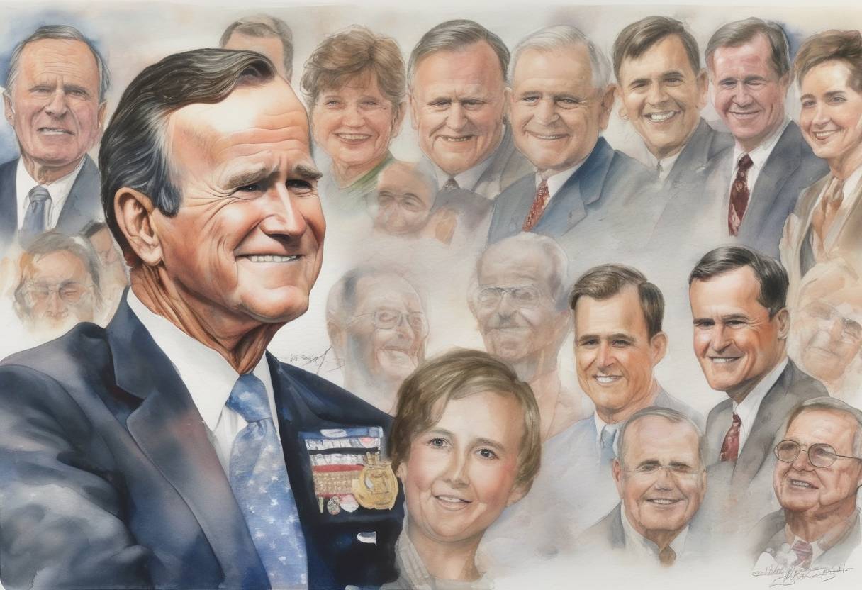 Watercolor painting based depiction of President George H. W. Bush signed the Americans with Disabilities Act into law, prohibiting discrimination based on disability. (1990)