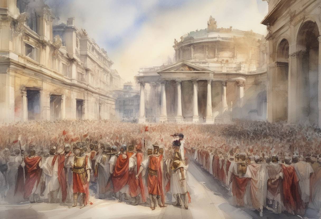 Watercolor painting based depiction of Roman Emperor Marcus Aurelius died, marking the end of the Pax Romana, a period of relative peace and stability across the Roman Empire. His death led to the ascension of his son Commodus. (180)