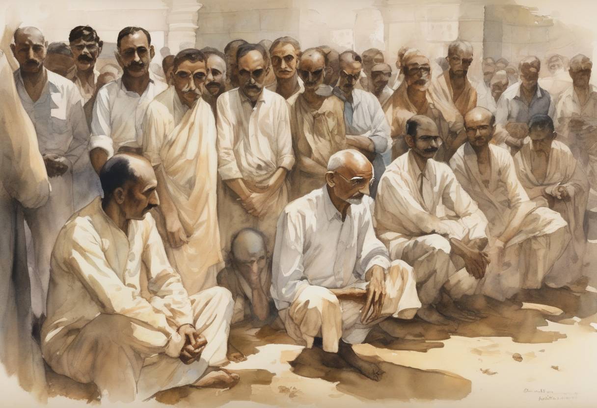 Watercolor painting based depiction of Mahatma Gandhi was sentenced to six years in prison for civil disobedience after leading the non-cooperation movement against British rule in India. His imprisonment was a pivotal moment in the Indian independence movement. (1922)