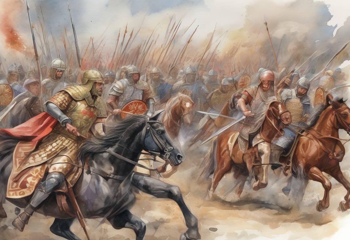 Watercolor painting based depiction of The Battle of Taginae occurs, where Byzantine forces under Narses defeat the Ostrogoths, leading to the fall of their kingdom in Italy. (552)
