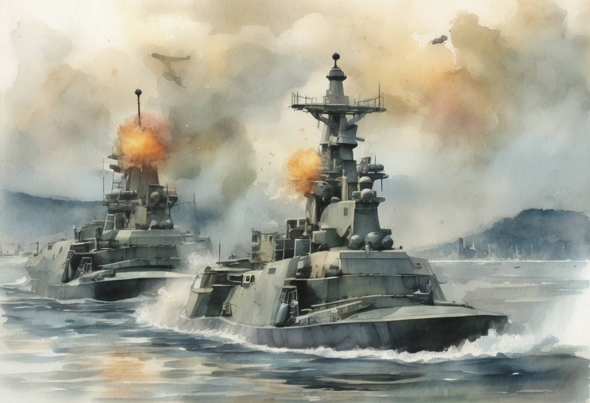 Watercolor painting based depiction of North Korea launched seven ballistic missiles into the Sea of Japan, escalating tensions in the region and drawing international condemnation. (2009)