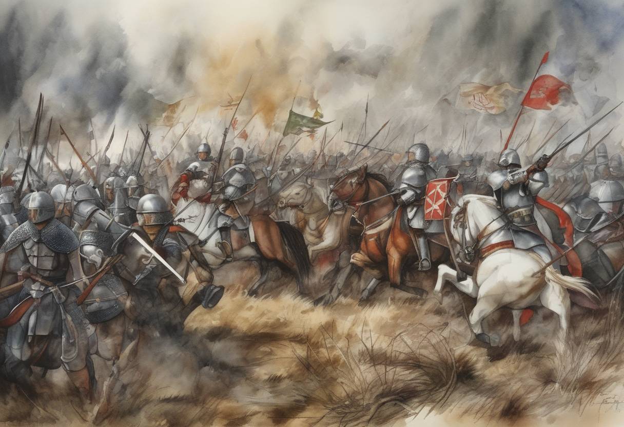 Watercolor painting based depiction of The Battle of Grunwald (also known as the Battle of Tannenberg) takes place, where the Polish-Lithuanian alliance decisively defeats the Teutonic Knights, marking a turning point in the power dynamics of Eastern Europe. (1410)