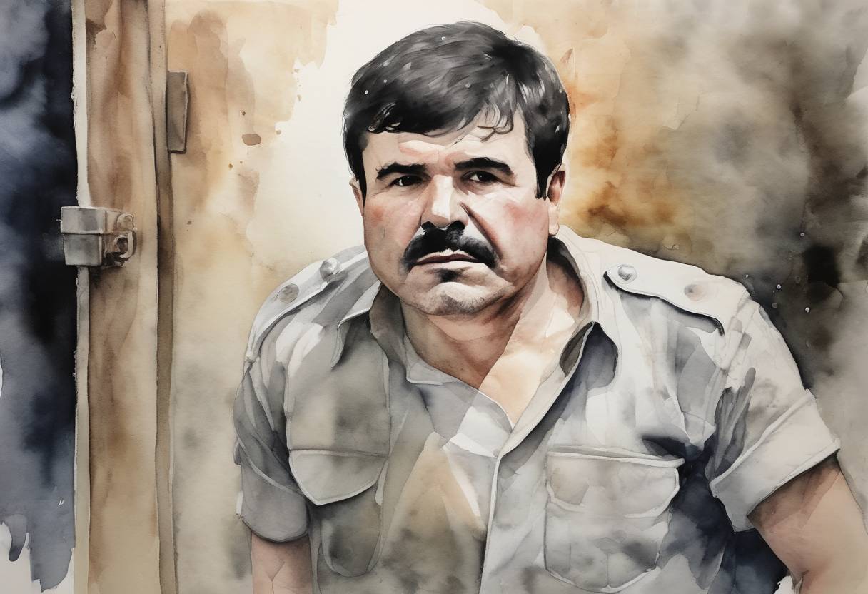 Watercolor painting based depiction of Mexican drug lord Joaquín 'El Chapo' Guzmán escaped from a maximum-security prison in Mexico through a tunnel, marking his second escape from prison. He was recaptured in January 2016. (2015)