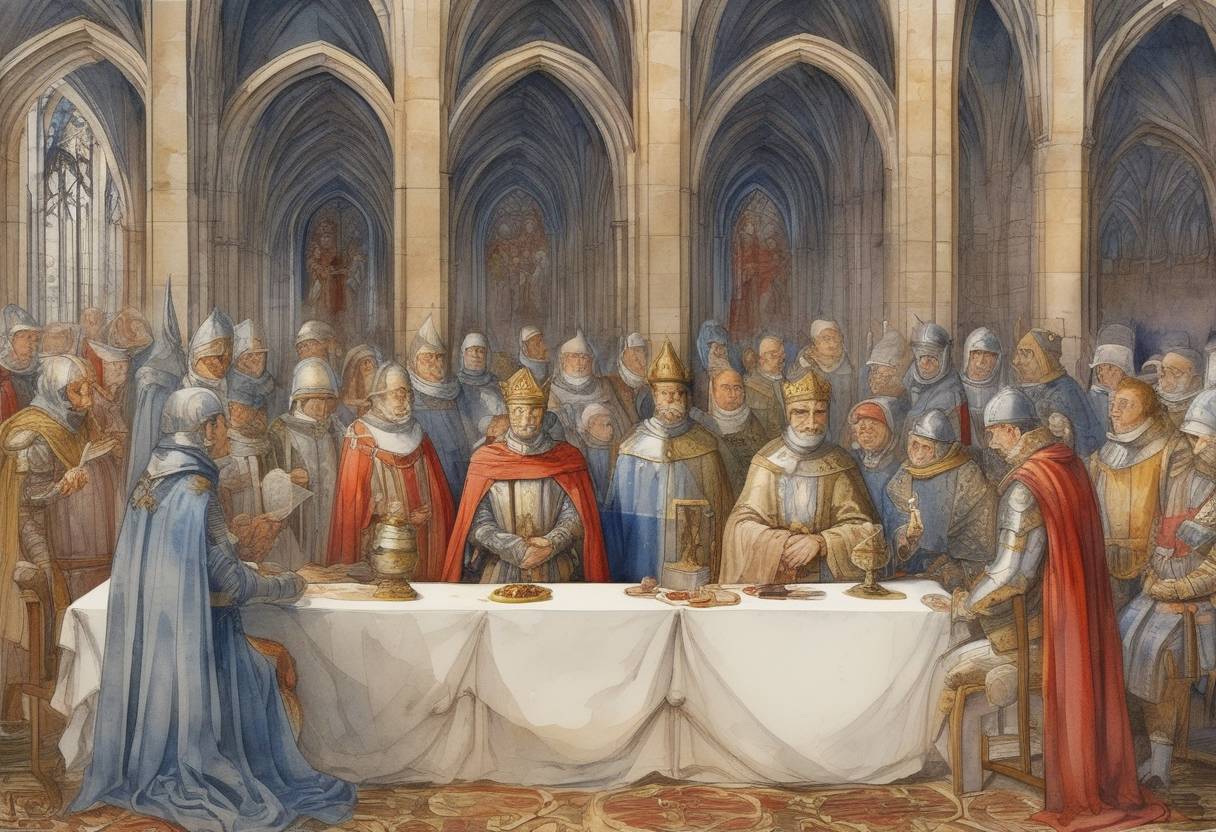 Watercolor painting based depiction of The Council of Troyes opens, during which the Knights Templar are officially recognized and given a rule by Bernard of Clairvaux. (1129)