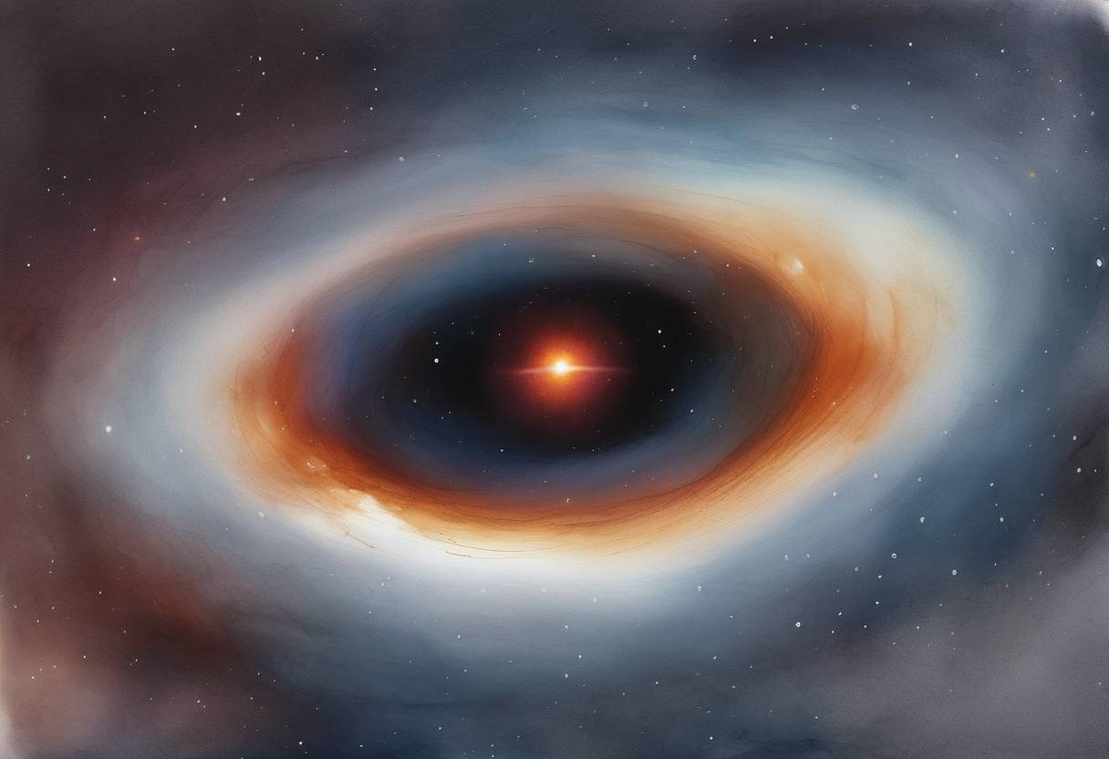 Watercolor painting based depiction of Astronomers released the first-ever image of a black hole, located in the center of the galaxy M87, captured by the Event Horizon Telescope. (2019)