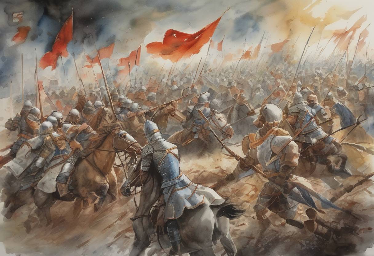 Watercolor painting based depiction of The Battle of Liegnitz took place, where Mongol forces defeated a combined force of European knights, including Polish, Moravian, and German troops. (1241)