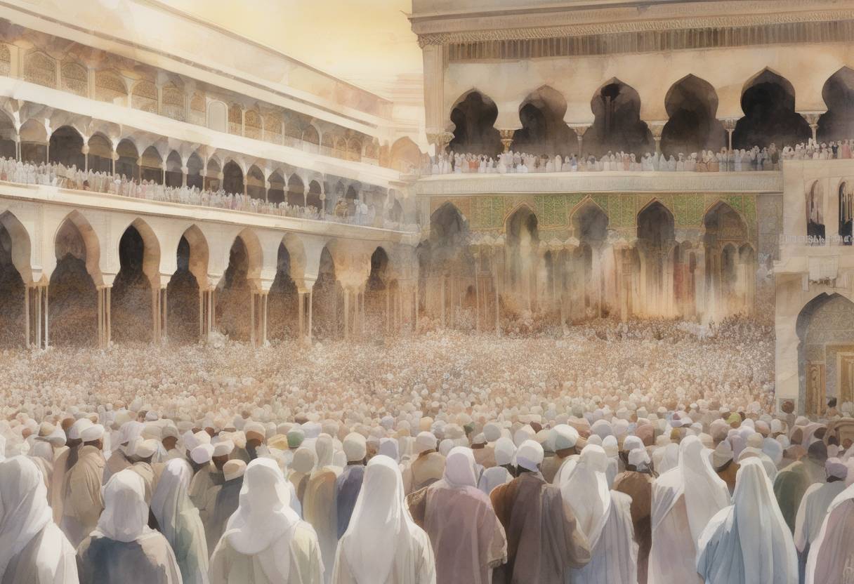 Watercolor painting based depiction of Muhammad, the founder of Islam, delivered his Farewell Sermon during his final pilgrimage to Mecca, outlining key principles of the faith. (632)