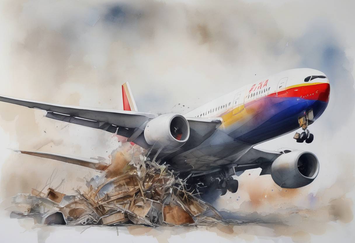 Watercolor painting based depiction of A Boeing 777 aircraft operated by Asiana Airlines crashed while landing at San Francisco International Airport, resulting in three fatalities and numerous injuries. (2013)