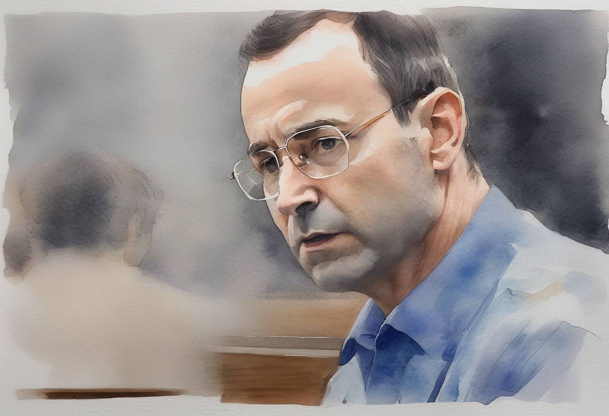 Watercolor painting based depiction of Larry Nassar, former USA Gymnastics national team doctor, was sentenced to 40 to 175 years in prison for sexually abusing young female athletes, a case that led to widespread scrutiny of abuse in sports organizations. (2018)