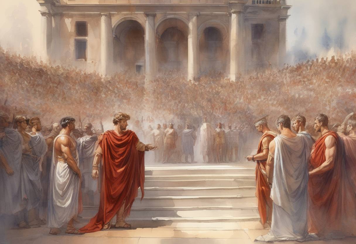 Watercolor painting based depiction of Gordian I and his son Gordian II are proclaimed Roman Emperors by the Senate, marking the beginning of the Year of the Six Emperors. (238)