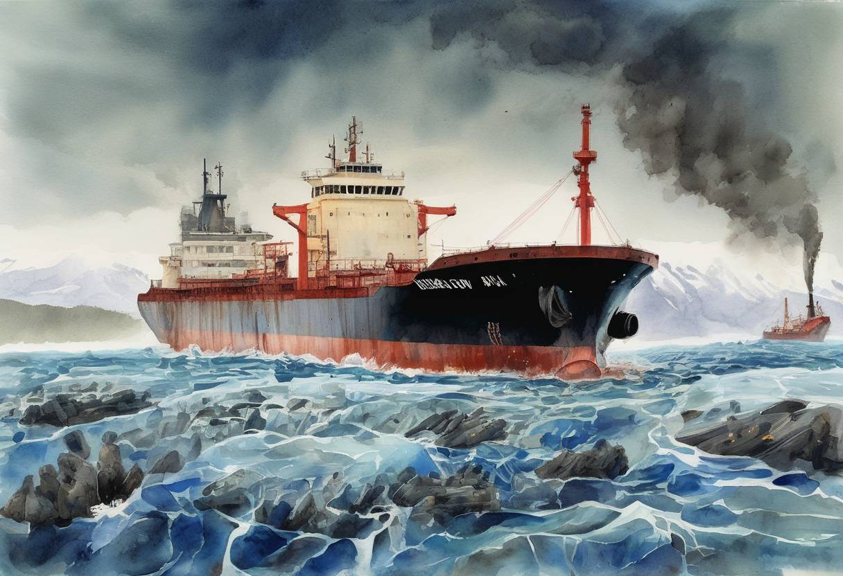 Watercolor painting based depiction of The Exxon Valdez oil tanker struck a reef in Prince William Sound, Alaska, spilling 11 million gallons of crude oil in one of the worst environmental disasters in U.S. history. (1989)