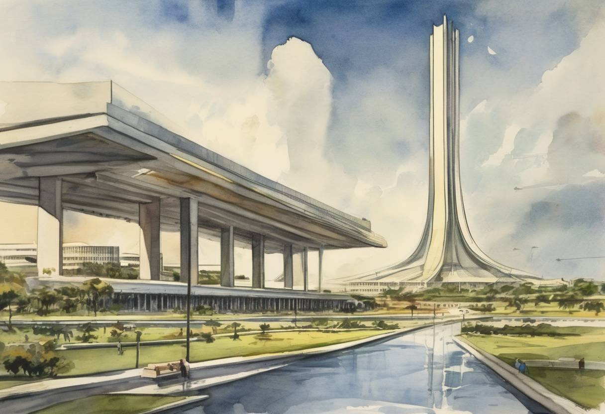 Watercolor painting based depiction of Brasília was officially inaugurated as the capital of Brazil, replacing Rio de Janeiro. (1960)