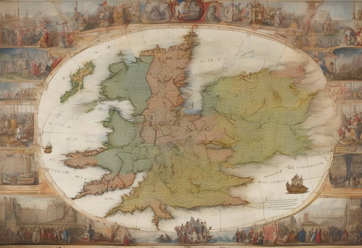 Watercolor painting based depiction of The Act of Union came into effect, uniting the Kingdom of England and the Kingdom of Scotland into a single sovereign state known as the Kingdom of Great Britain. (1707)