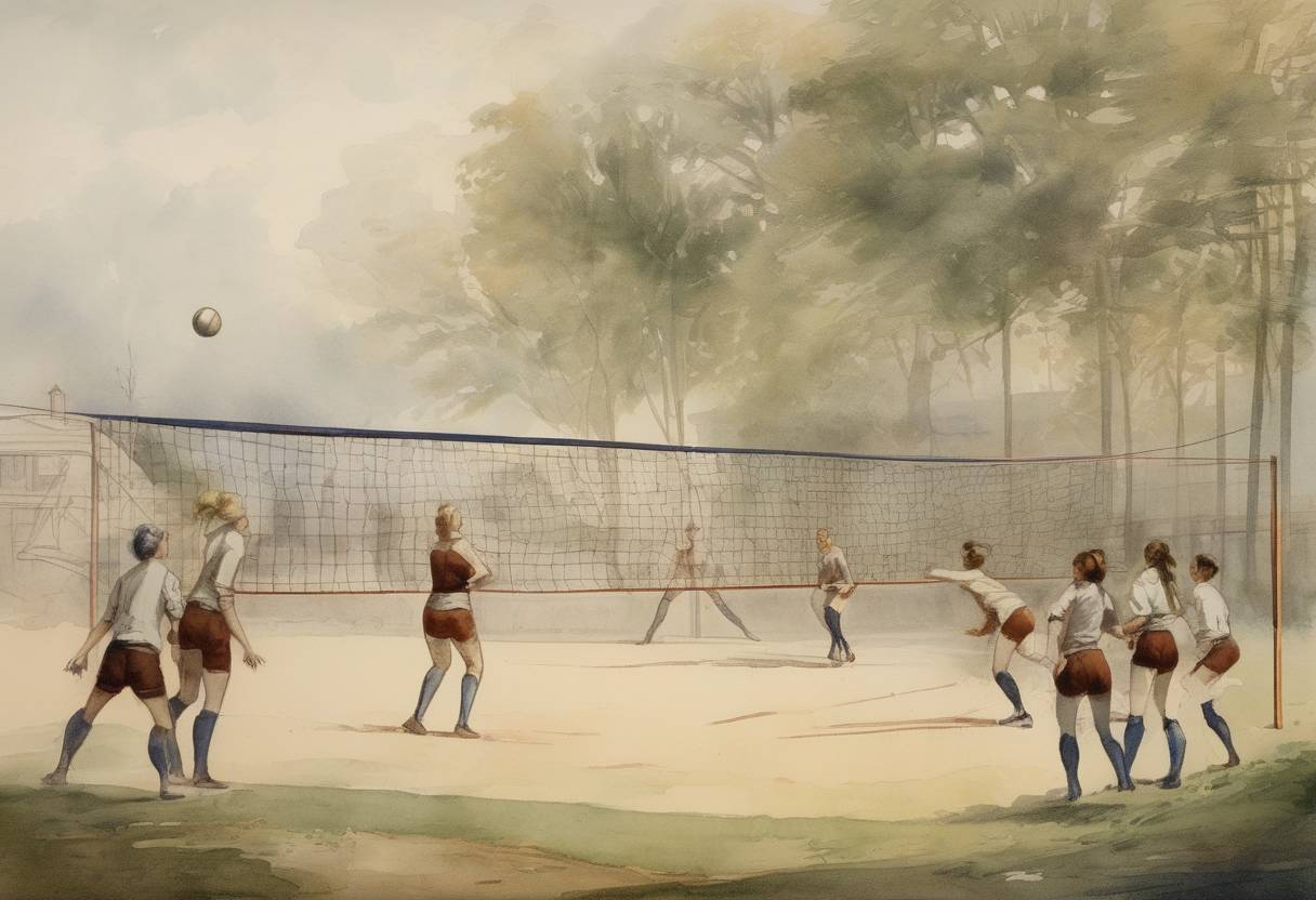 Watercolor painting based depiction of William G. Morgan invented a game called Mintonette, which later became known as volleyball. (1895)