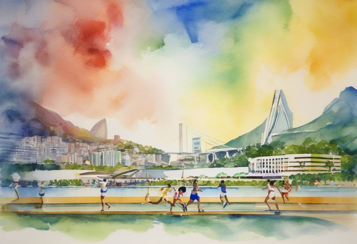 Watercolor painting based depiction of The 2016 Summer Olympics were underway in Rio de Janeiro, Brazil, marking the first time the Olympics were held in South America. (2016)