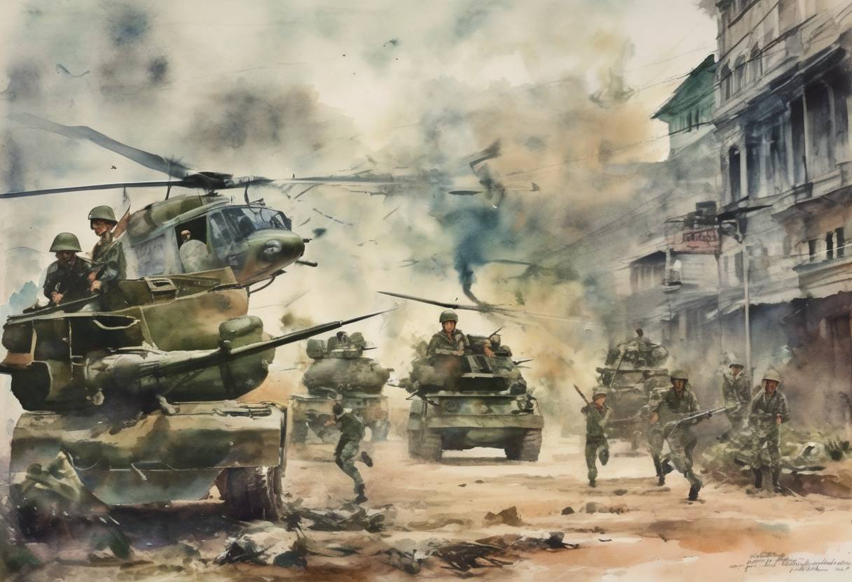 Watercolor painting based depiction of The Tet Offensive begins during the Vietnam War, as North Vietnamese and Viet Cong forces launch surprise attacks against South Vietnamese and U.S. forces. (1968)