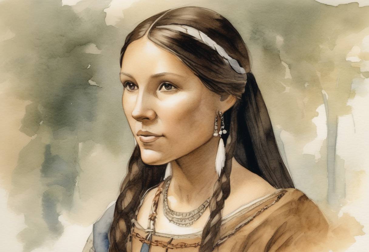 Watercolor painting based depiction of Pocahontas, daughter of the Powhatan chief, married English colonist John Rolfe in Virginia, which helped establish peace between the settlers and the Powhatan Confederacy. (1614)