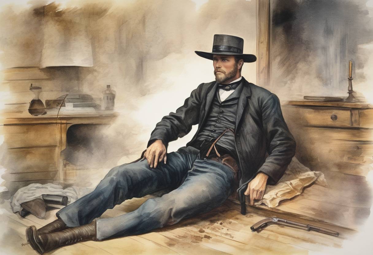 Watercolor painting based depiction of Outlaw Jesse James was shot and killed by Robert Ford. (1882)