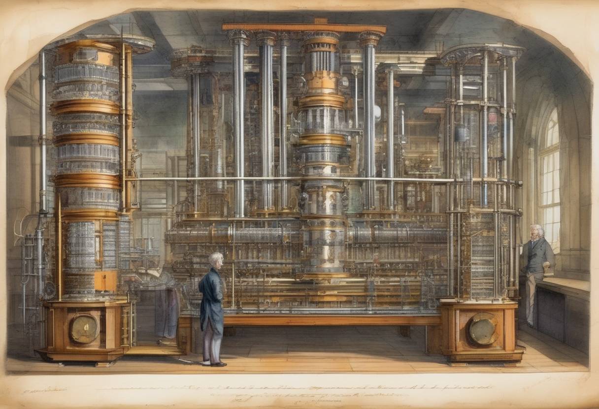 Watercolor painting based depiction of Charles Babbage proposes a difference engine in a paper to the Royal Astronomical Society. (1822)