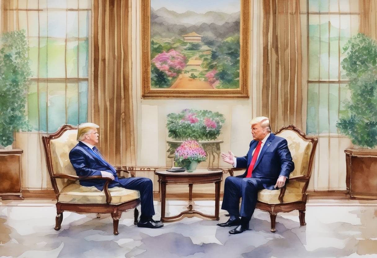 Watercolor painting based depiction of The Singapore Summit took place, where U.S. President Donald Trump and North Korean leader Kim Jong-un met to discuss denuclearization of the Korean Peninsula. (2018)