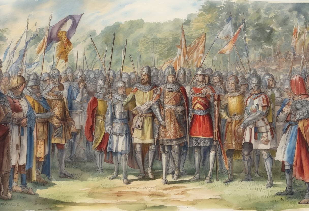 Watercolor painting based depiction of The Treaty of Andelot was signed between King Guntram of Burgundy and his nephew Childebert II, King of Austrasia. This treaty was significant in the Merovingian period as it solidified the alliance between the two kingdoms and addressed issues of succession and territorial disputes. (598)