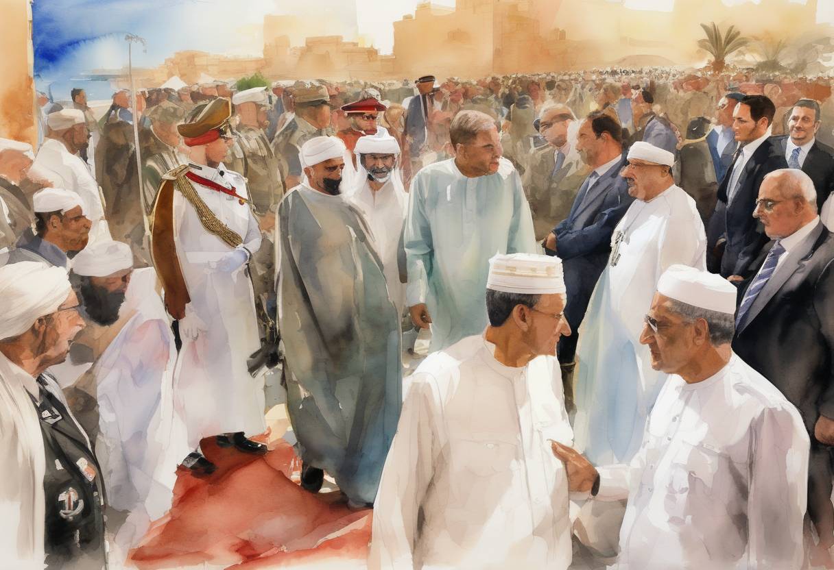Watercolor painting based depiction of Arab leaders agreed to form a joint military force at the Arab League summit in Sharm El-Sheikh, Egypt, in response to regional conflicts and threats. (2015)