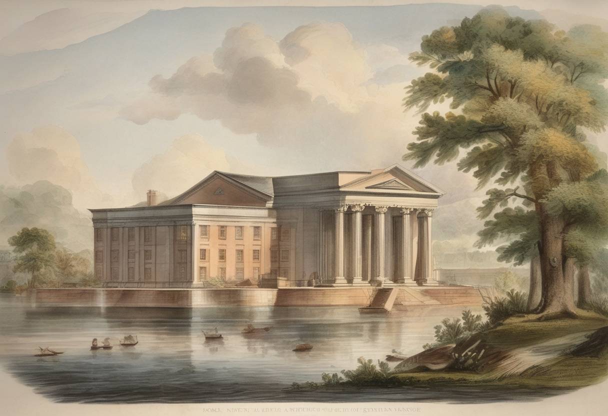 Watercolor painting based depiction of Noah Webster published his American Dictionary of the English Language, which standardized American English spelling and usage. (1828)