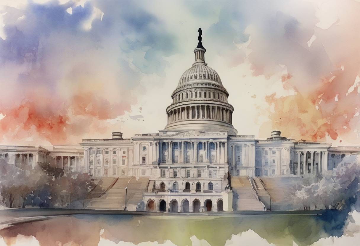 Watercolor painting based depiction of The United States announced sanctions against Russia, expelling ten Russian diplomats and targeting dozens of companies and individuals, in response to alleged election interference and cyberattacks. (2021)