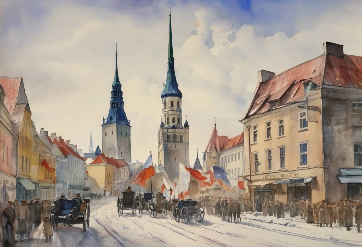 Watercolor painting based depiction of Estonia declared its independence from Russia amidst the chaos of World War I and the Russian Revolution, marking the beginning of the Estonian War of Independence. (1918)