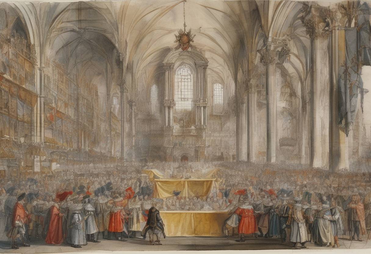 Watercolor painting based depiction of The Treaty of Münster was signed, ending the Eighty Years' War between Spain and the Dutch Republic, part of the Peace of Westphalia. (1648)