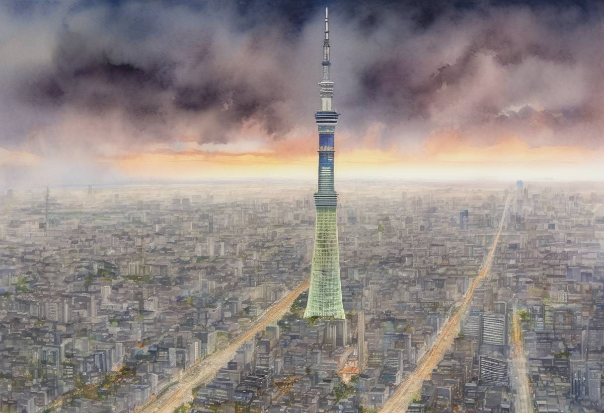 Watercolor painting based depiction of Tokyo Skytree, the tallest structure in Japan and the second tallest in the world at the time, was completed, marking a significant achievement in engineering and architecture. (2012)