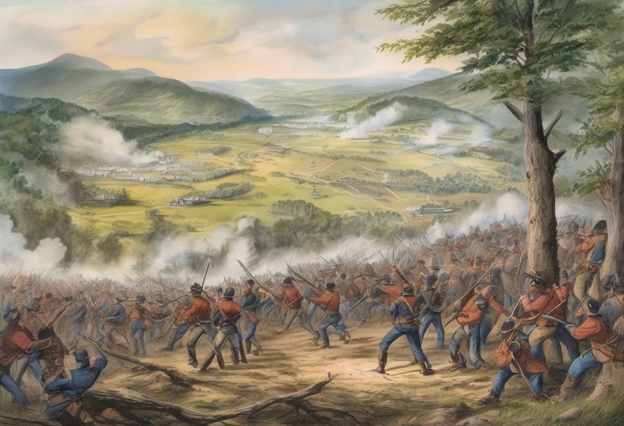 Watercolor painting based depiction of The Battle of Philippi, known as the first organized land action of the American Civil War, takes place in present-day West Virginia. (1861)