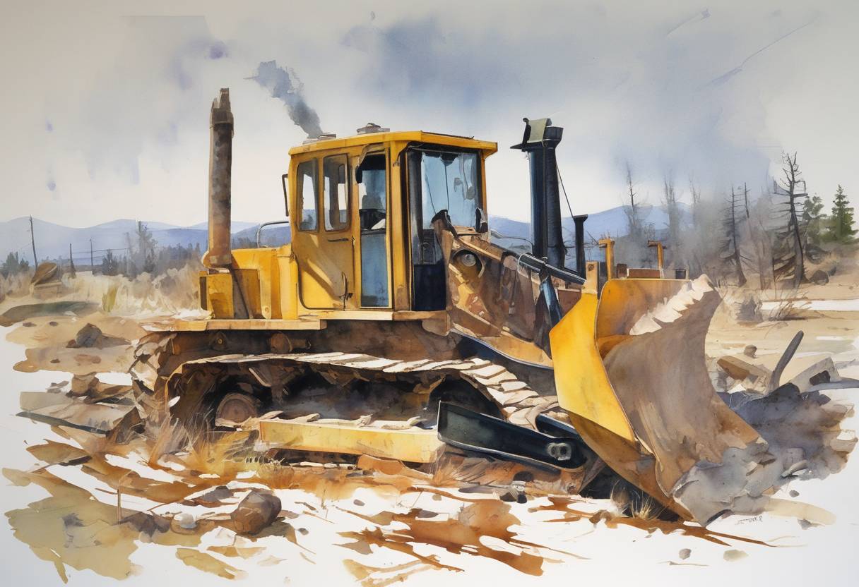 Watercolor painting based depiction of Marvin Heemeyer, a disgruntled welder, goes on a rampage with a modified bulldozer in Granby, Colorado, causing significant property damage. (2004)