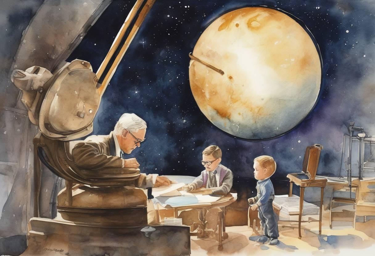 Watercolor painting based depiction of Clyde Tombaugh discovers Pluto at the Lowell Observatory in Flagstaff, Arizona. (1930)