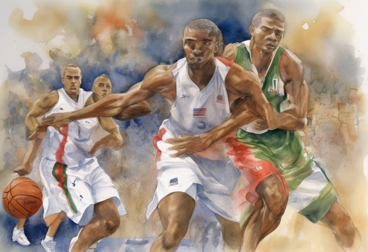 Watercolor painting based depiction of The 2004 Summer Olympics in Athens, Greece, sees the United States men's basketball team defeated by Lithuania, marking a significant upset in Olympic basketball history. (2004)