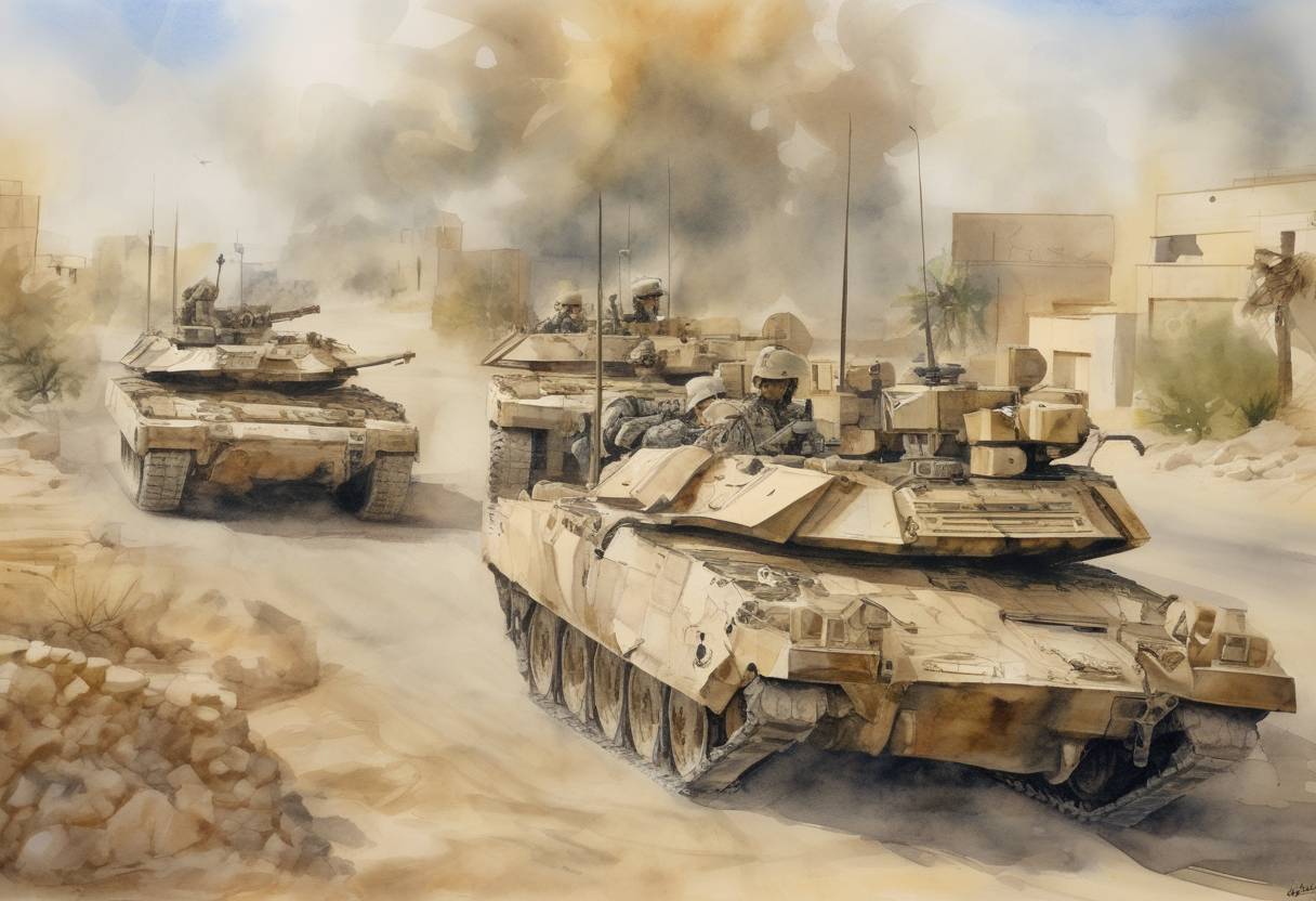 Watercolor painting based depiction of Operation Iraqi Freedom officially ended as the last U.S. combat brigade exited Iraq, transitioning to Operation New Dawn, which focused on stability operations. (2010)