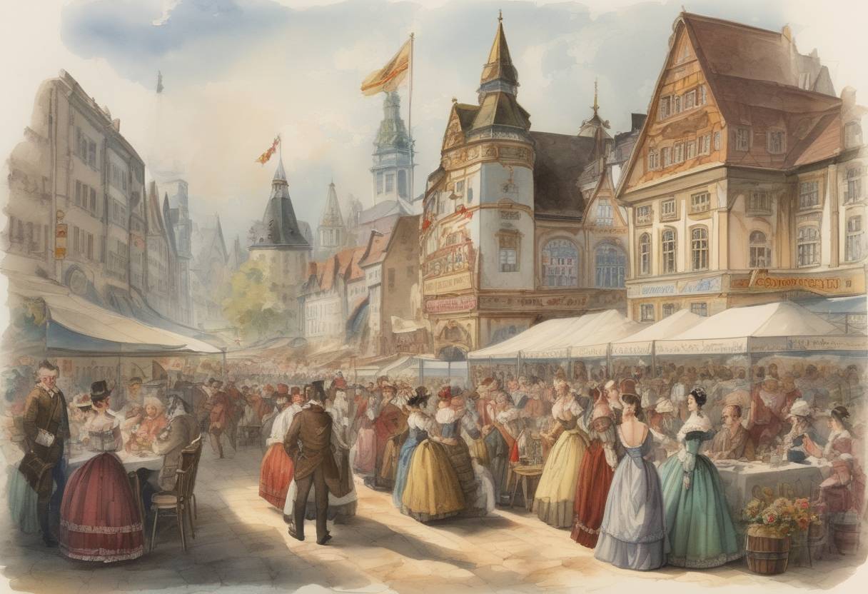 Watercolor painting based depiction of The first Oktoberfest was held in Munich, Germany, to celebrate the marriage of Crown Prince Ludwig of Bavaria to Princess Therese of Saxe-Hildburghausen. (1810)