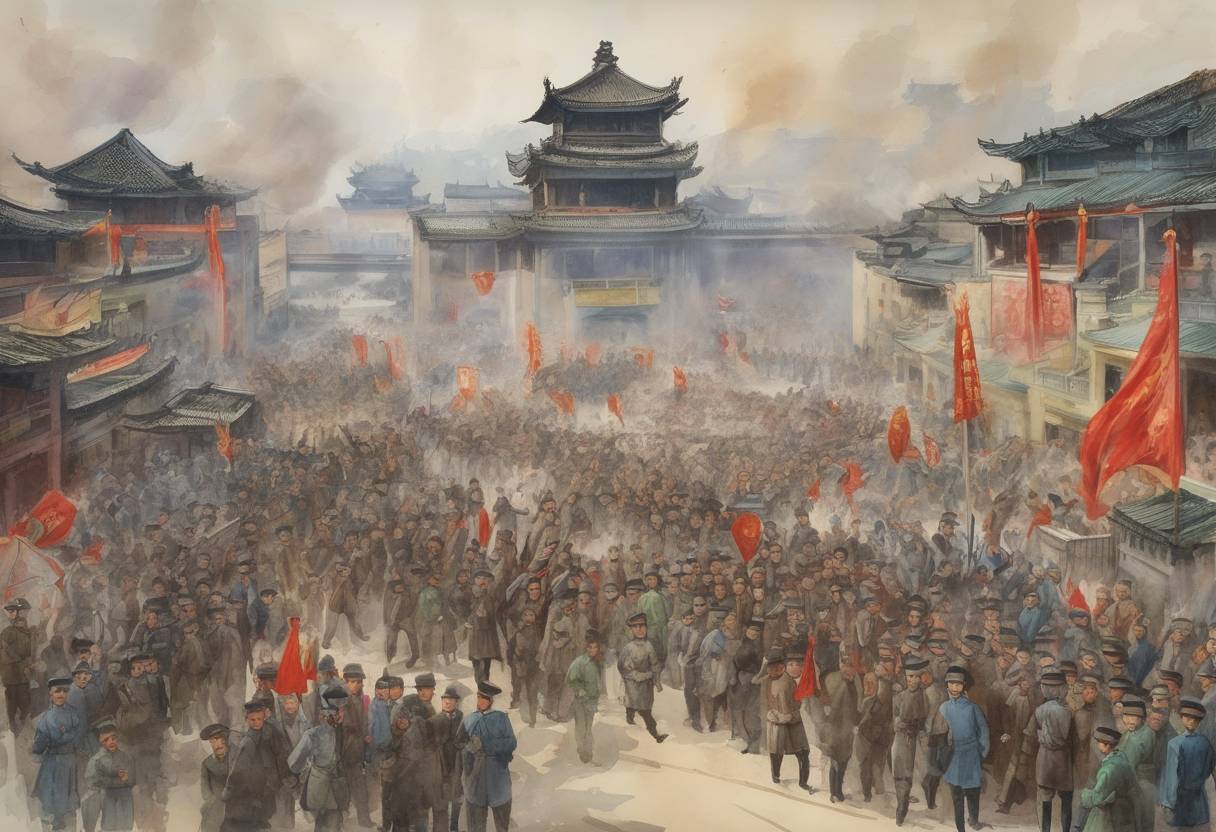 Watercolor painting based depiction of The Xinhai Revolution begins in China with the Wuchang Uprising, leading to the fall of the Qing Dynasty and the establishment of the Republic of China. (1911)