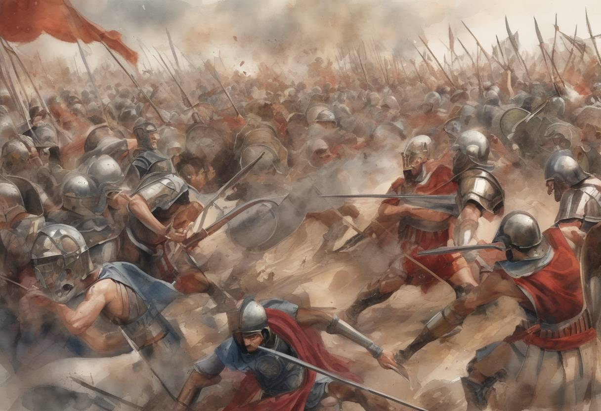 Watercolor painting based depiction of The Battle of Abrittus takes place, where the Goths defeat the Roman army and kill Emperor Decius. (251)