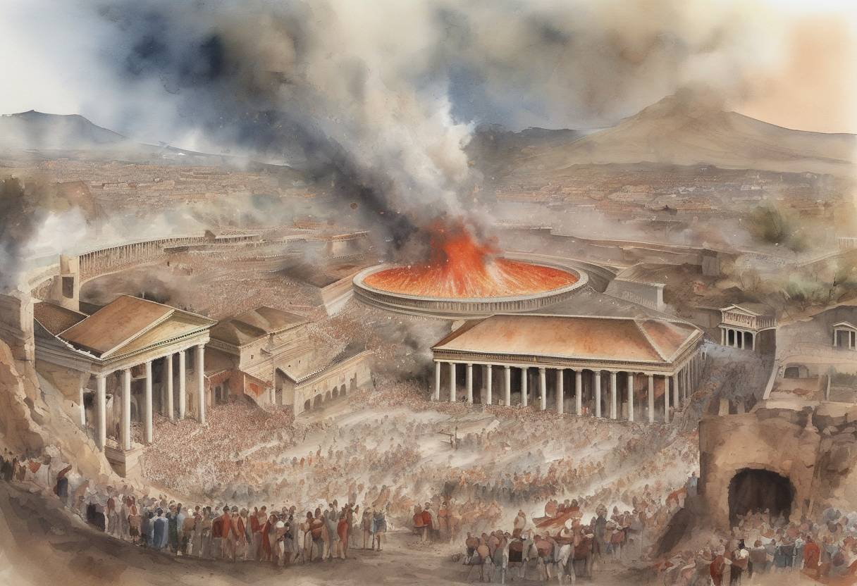 Watercolor painting based depiction of Mount Vesuvius erupted, leading to the destruction of the Roman cities of Pompeii, Herculaneum, and several other settlements. The eruption buried these cities under volcanic ash and pumice, preserving them for centuries and providing valuable archaeological insights into Roman life. (79)