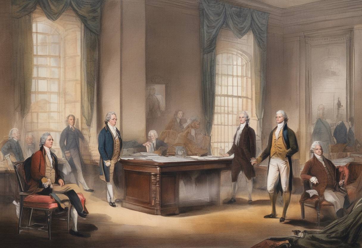 Watercolor painting based depiction of Alexander Hamilton was appointed as the first Secretary of the Treasury of the United States. (1789)